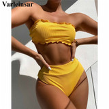 Ruffled Frilled Female Swimsuit High Waist Bikini Women Swimwear Two-pieces Bikini set Bandeau Bather Bathing Suit Swim V2837