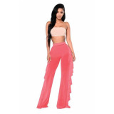 Women Lace See Through High Waist Flared Trouser Beach Summer Holiday Mesh Cover Up Pants Ruffles Trousers Elegant High Waist
