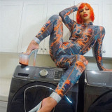 Skinny Turtleneck Long Sleeve Jumpsuit Women Rompers Colorful Pattern Print Sexy Bodycon Bodysuit Womens Casual One Piece Outfit