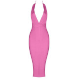 High Quality Pink V-neck Backless Bodycon Rayon Bandage Dress Sexy Club Party Dress Vestidos