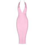 High Quality Pink V-neck Backless Bodycon Rayon Bandage Dress Sexy Club Party Dress Vestidos