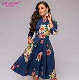 S.FLAVOR Women Elegant A-line Dress 2019 Vintage printing party vestidos Three Quarter Sleeve women Slim Autumn Winter Dress