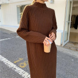 2019 Autumn Winter Casual Women Long Sweater Dress Vintage Turtleneck Knitted Dresses Loose Oversize Straight Midi Sweater Dress