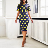 Women Midi Dresses Elegant Blue Office Lady Plus Size Bodycon High Waist Polka Dots Print Split Summer Female Fashion Dress