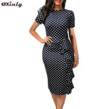 Oxiuly Polka Dot Dress Women Summer Casual Bodycon Sexy Ruffle Elegant Midi Club Party Dresses Plus Size 4XL Vestidos De Festa