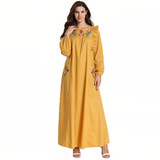 2019 Muslim Dress Women 4XL Islamic Clothing Moroccan Kaftan Yellow Pocket Embroidery Flower Robe Dubai Abaya Turkish Clothes