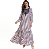 2019 Plus Size Muslim Dress Women Islamic Clothing Moroccan Kaftan Embroidery Flower Stripe Robe Dubai Abaya Turkish Clothes