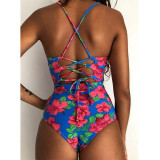 2019 Sexy One Piece Swimsuit Women Swimwear Print Bodysuit Crochet Bandage Cut Out Beach Wear Bathing Suit Monokini Swimsuit XL