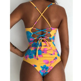2019 Sexy One Piece Swimsuit Women Swimwear Print Bodysuit Crochet Bandage Cut Out Beach Wear Bathing Suit Monokini Swimsuit XL