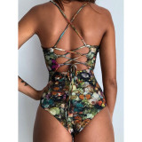 2019 Sexy One Piece Swimsuit Women Swimwear Print Bodysuit Crochet Bandage Cut Out Beach Wear Bathing Suit Monokini Swimsuit XL