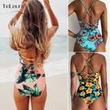 2019 Sexy One Piece Swimsuit Women Swimwear Print Bodysuit Crochet Bandage Cut Out Beach Wear Bathing Suit Monokini Swimsuit XL