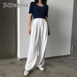 TWOTWINSTYLE White Casual Long Trousers For Women High Waist Loose Wide Leg Pants Female Fashion Clothes 2019 Summer New TWOTWINSTYLE White Casual Long Trousers For Women High Waist Loose Wide Leg Pants Female Fashion Clothes 2019 Summer New
