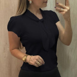 AvoDovA Women Chiffon White Shirts 2019 Summer Plus Size Blouses Short Sleeve Casual Solid Bow Tops 5XL