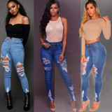 2019 summer Women Sexy Ripped Denim Jeans Skinny Hole Pants Stretch Daily Shredded jeans Slim ladies High Waist Pencil Trousers
