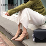 BESCONE Spring New Dress Women Pumps Quality Cow Leather Sexy Pointed Toe 6cm High Heel Shoes Fashion Shallow Ladies Pumps BO109