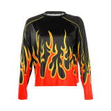 Weekeep Women Streetwear Flame Print Loose Pullover Hoodies Fashion O-neck Long Sleeve Sweatshirt Hoodie Top