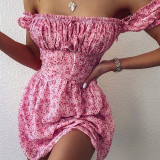 Cryptographic Floral Print Fashion Ruched Sexy Backless Mini Sundress Puff Sleeve 2020 Summer Holiday Dresses Women Clothes