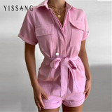 Yissang Sexy Solid Summer Playsuit Women Short Sleeve Crop Sashes Overalls Female Rompers Casual Short Jumpsuits Streetwear 2020