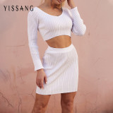 Yissang Knitted Off Shoulder Sexy 2 Piece Set Women V Neck Long Sleeve Crop Top And Mini Skirts Suit Set Bodycon Two Piece Set