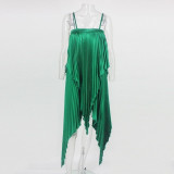 Elegant Off Shoulder Strap Summer Dress Women Casual Satin Pleated Beach Dress Irregular Loose Holiday Dress Vestidos