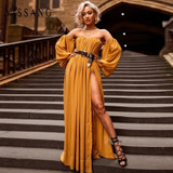 Yissang High Split Sexy Maxi Dress Chiffon Solid Long Dresses Casual Clubwear Summer Dress Women Autumn Yellow Vestidos