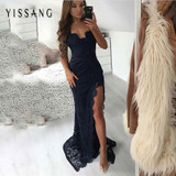 Yissang Backless Party Sexy Dress Women High Split Spaghetti Strap Maxi Long Dress Summer Lace Dresses Elegant Vestidos 2019