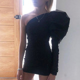 Feditch Summer Sexy Lace Party Dress Ruffled One Shoulder Female Bodycon Mesh Dress Women Mini Club Ladies Vestidos De Fiesta