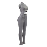 Simenual Casual Sporty Active Wear Matching Set Women Sleeveless Workout Bodycon 2 Piece Outfits Skinny Crop Top and Pants Sets