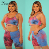 Simenual Tie Dye Workout Strap Women Two Piece Sets Casual Fashion Sporty Athleisure Outfits Slim Crop Top And Biker Shorts Set