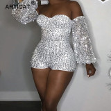 Articat Off Shoulder Sequined Sexy Women Jumpsuit Lantern Sleeve Backless Bodycon Playsuit Silver Slim Nightclub Party Overalls Articat Off Shoulder Sequined Sexy Women Jumpsuit Lantern Sleeve Backless Bodycon Playsuit Silver Slim Nightclub Party Overalls