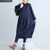DIMANAF Women Long Dresses Turtleneck Cotton Ladies Elegant Vestidos Plus Size Female Clothes Pleated Loose 2019 Autumn Winter