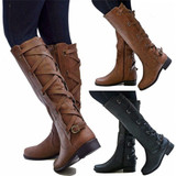 Women Leather Knee High Boots Fashion Cross Strap Winter Low Heels Long Boots Western Side Zipper Buckle Black Motorcycle Boots