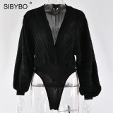 Sibybo Deep V-Neck Patchwork Sexy Bodysuit Women Fashion Long Sleeve Loose Women Rompers Autumn Casual Bodysuit Jumpsuit 2019