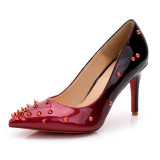 Plus Size 34~45 Patent Leather Rivet High Heels Sexy Women Pointed Toe Thin Heels Pumps Red Bottom Wedding Shoes Bride Stilettos