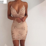 Womens Gold Black Sequins Dress 2017 New Sexy V-neck Backless Women Sundress Luxury Party Club Wear Mini Sequined Dress Vestidos