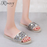 Rimocy crystal shining crystal open toe slippers mujer 2019 summer shoes beach flip flops ladies flat heel rhinestones slides