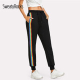 SweatyRocks Rainbow Striped Side Sweatpants Black Drawstring Waist Loose Sporting Pants Women Summer Mid Waist Trousers