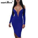 Wantmove 2018 Spring Sexy Fashion Women Midi Dress Deep V Neck Off Shoulder Long Sleeve Club Bodycon Dress JZ261