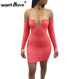 Wantmove ribbed sexy club women 2018 summer dress off the shoulder V neck fashion bodycon elegant mini dresses for women JZ101