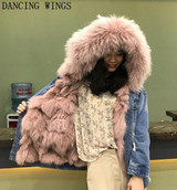 Thick Warm Real Fox Fur Lining Denim Jacket Coat Parkas Natural Raccoon Fur Collar Women Real Fur Coat