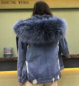 Thick Warm Real Fox Fur Lining Denim Jacket Coat Parkas Natural Raccoon Fur Collar Women Real Fur Coat