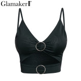 Glamaker Hollow out black top bodycon tank top Women shirt v neck strap summer crop top Female fitness party cropped casual cami