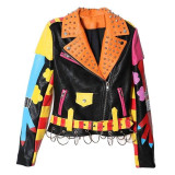 LORDXX New Spring Women Rivet Clothing Heavy Print NEVEDA Streetwear Short Leather Jacket Zipper Slim Motorcycle Coat Top