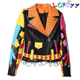 LORDXX New Spring Women Rivet Clothing Heavy Print NEVEDA Streetwear Short Leather Jacket Zipper Slim Motorcycle Coat Top