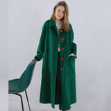YOYOCATHY Green Double Side Wool Woman Coat Winter  Doll Collar Outerwear Loose Elegant Big Pocket Fashion 100% Wool Overcoats