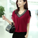 Summer Women Blouses Shirts 2018 New Elegant Short Sleeve Fake Two Pieces V-Neck Chiffon Beading Blouse Casual Ladies Shirt Tops