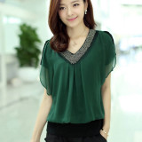 Summer Women Blouses Shirts 2018 New Elegant Short Sleeve Fake Two Pieces V-Neck Chiffon Beading Blouse Casual Ladies Shirt Tops