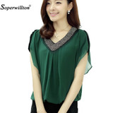 Summer Women Blouses Shirts 2018 New Elegant Short Sleeve Fake Two Pieces V-Neck Chiffon Beading Blouse Casual Ladies Shirt Tops