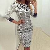 Women's Cropped Sleeve Slim Bag Hip Sexy Printed Long Round Neck Dress