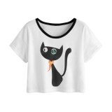 Women Cute Cat Print Short T-shirt